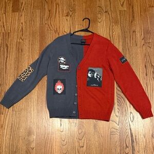 Oversized Two-Tone Red and Gray Patchwork Lost Boys Cardigan, Size Small